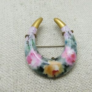 Antique Painted Porcelain Horseshoe Brooch C Clasp
